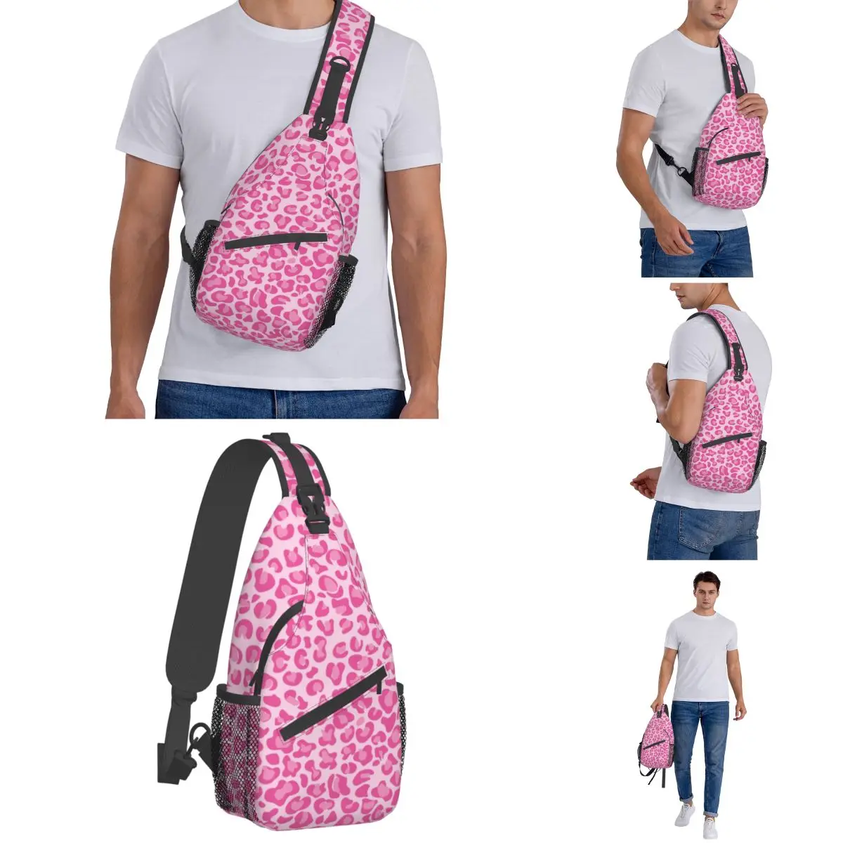 Pink Leopard Crossbody Sling Bag Pattern Chest Bag Cheetah Animal Spot Shoulder Backpack Daypack Travel Hiking Camping Satchel