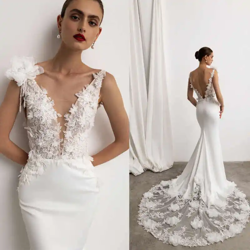 

Elegant Mermaid Wedding Dresses 3D Flowers Sleeveless Bridal Gowns Pearls Beading Vestidos De Novia Customized