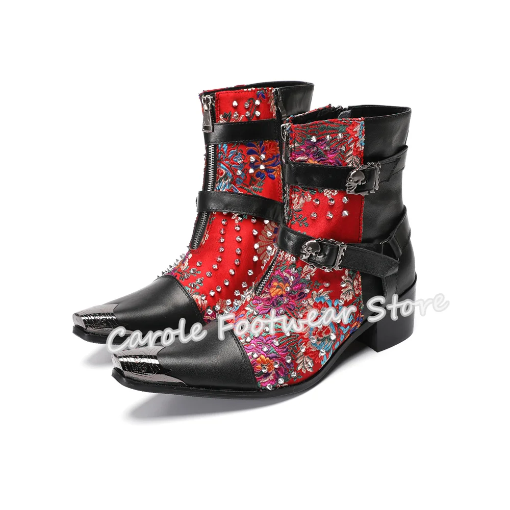 รองเท้าบูทเชลซีผู้ชายประดับเพชรหรูหรา งานปัก รองเท้าออกงานแต่งงาน รองเท้าหัวแหลมโลหะ รองเท้าบูทหุ้มข้อสูงสำหรับผู้ชาย