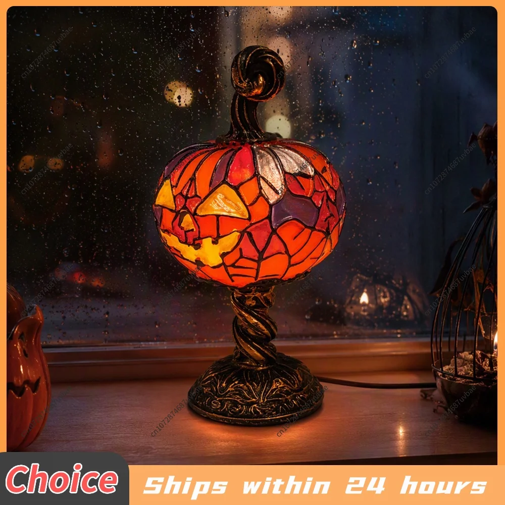Halloween Night Light Multi-Purpose LED Desk Lamp Ornament Fade Resist Stained Glass Halloween Pumpkin Table Lamp for Home Decor