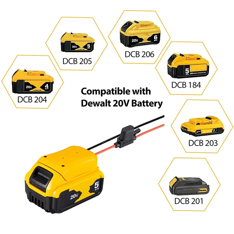 Adaptador DIY para Dewalt, Bateria de lítio 18V 20V com fusível, Adaptador de rodas 12AWG Power para DEWALT DCB205 DCB206 para RC Car Robotics