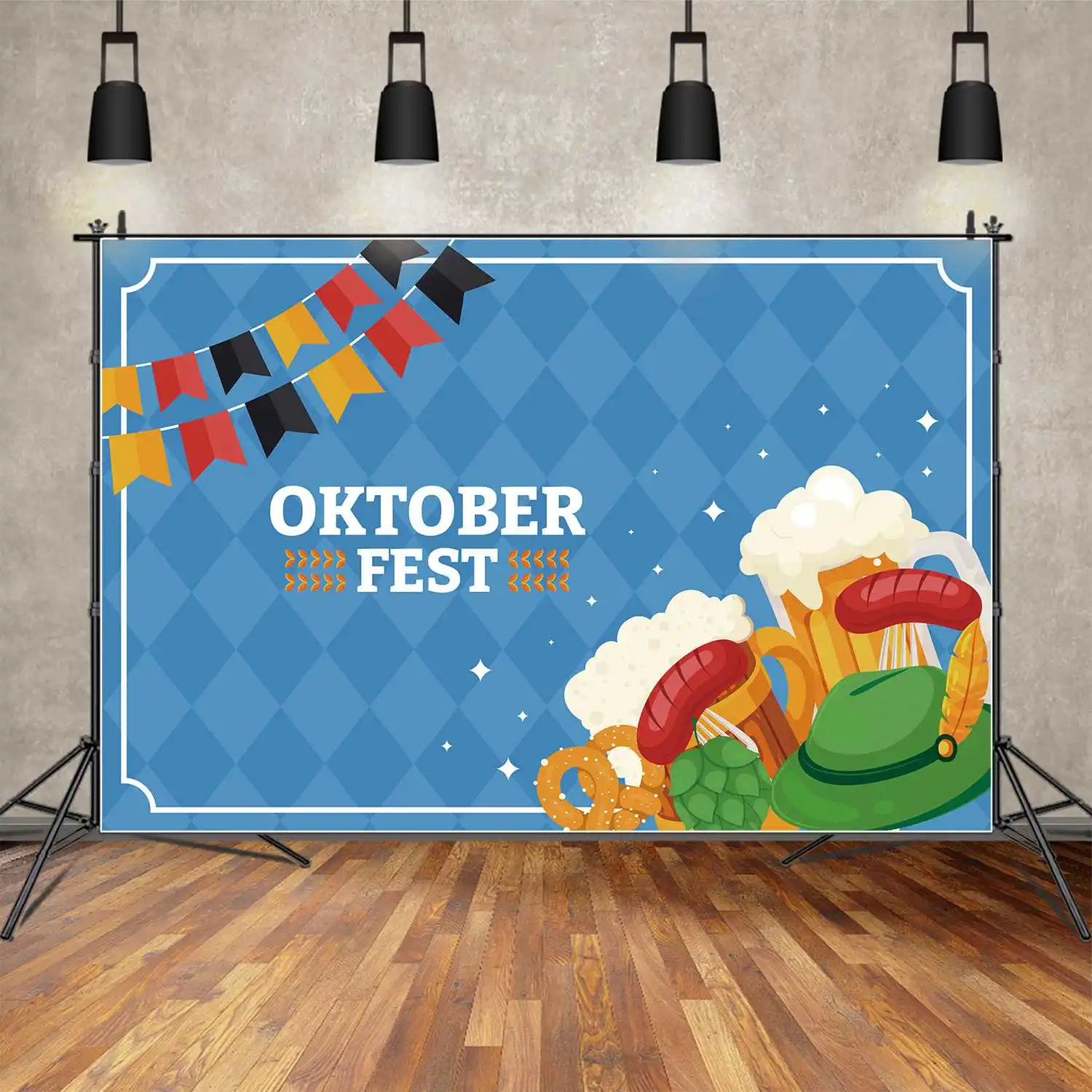 MOON.QG Backdrop The Munich Oktoberfest Party Banner Beer Festival Photo Backgrounds Blue Check Wall Glass Sausage Decorations