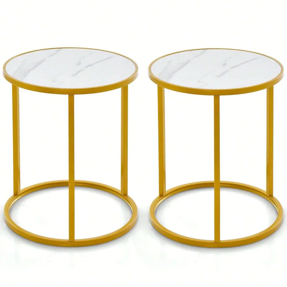 

2PCS Marble Top Round Side Table 16x16 End Table W Golden Metal Frame Gold