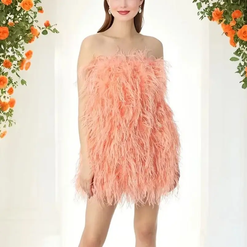 orange fur dress Aston Orange Feather Dress Feather Trim Dress Feather Cocktail Dress  Feather Prom Dress