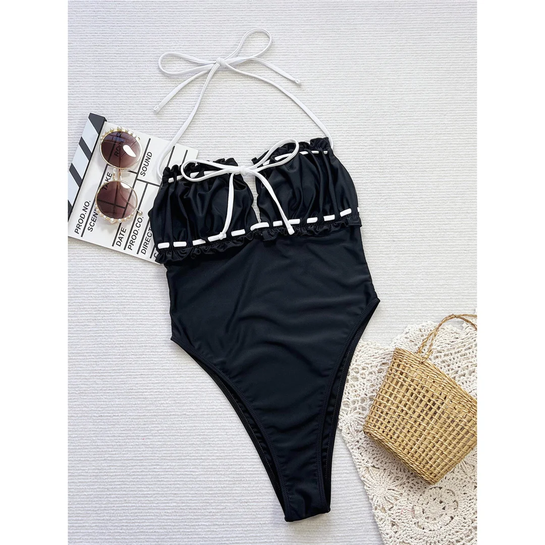 Neuer, geraffter, hoch geschnittener, gepolsterter Monokini-Badeanzug mit Schnürung und Neckholder, einteiliger Badeanzug für Damen, Badebekleidung, Badeanzug, Modell V6274. – Detail 12