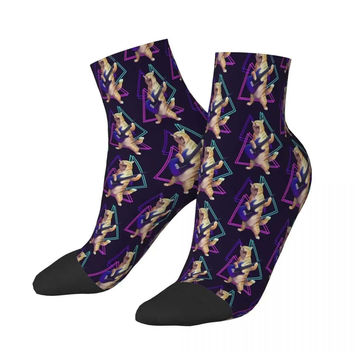 Guitar Cat Rock Band Kitty Playing The Electric Guitar Ankle Socks Male Mens Women Summer Stockings Printed