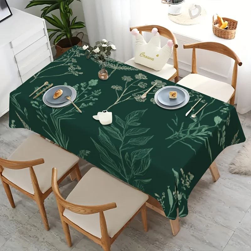 Dark Green Sketch Botanical Tablecloth, Elegant Light Green Line Drawn Wildflower Leaf Print Table Cover for Dining Kitchen Home
