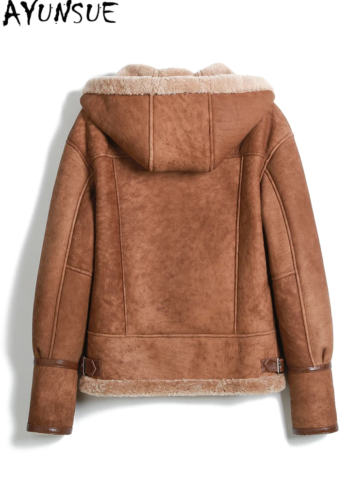 AYUNSUE 2025 Nowa kurtka z polaru damskiego 100% naturalna wełna Kurtki z kapturem dla kobiet Odzież Merino Futrzana kurtka damska Кофта С Мехом