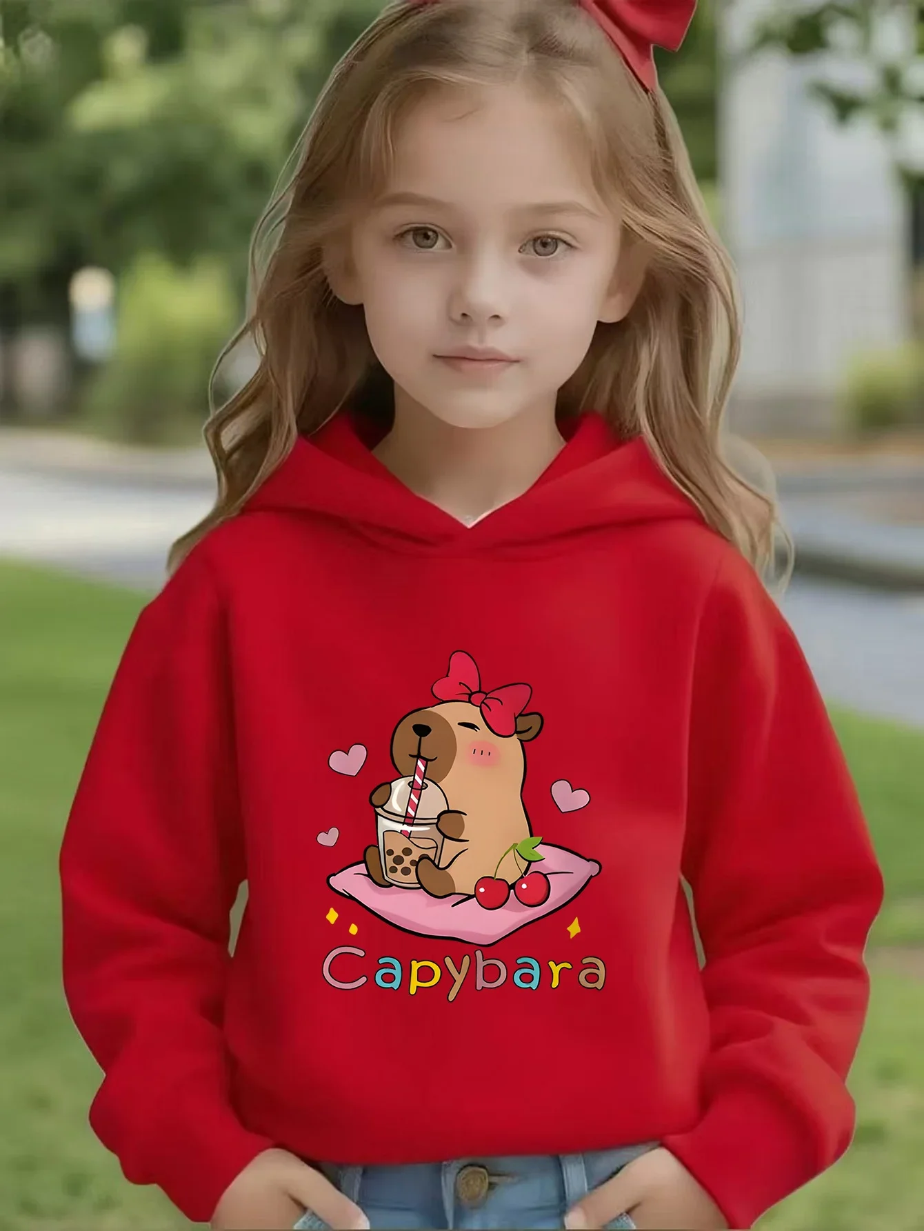Kids Capybara Hoodie Girls Cute Animal Graphic Print Sweatshirt Pink Long Sleeve Hooded Pullover Tops Casual Spring Autumn
