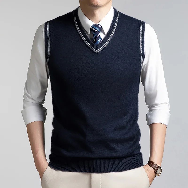 Mens Sleeveless Knitted Waistcoat V Neck Striped Edge Sweater Vest Smooth Knit Top Formal Daily Office Matching Outfit