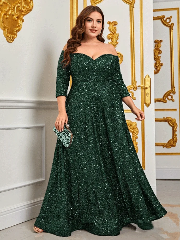 Talla grande, vestido de noche sin tirantes con lentejuelas, talla grande, brillante, hoja de loto, columpio, banquete de bodas, 4XL, 5XL