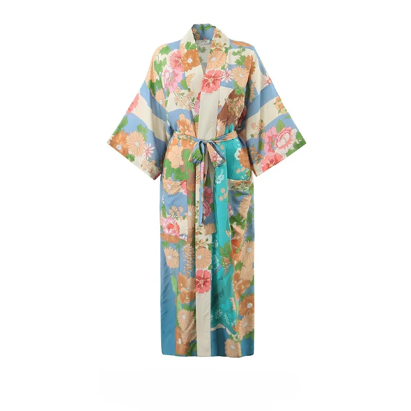 Long soft light silky cotton printed kimono robe women\'s luxury Japanese flower women\'s kimono robe swimsuit smock