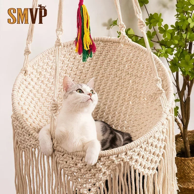 Hand‑Woven Macrame Cat Hammock Tassel Hanging Swing Basket Soft Comfortable Window Balcony Cat Bed for Indoor Cats Rest Sleeping