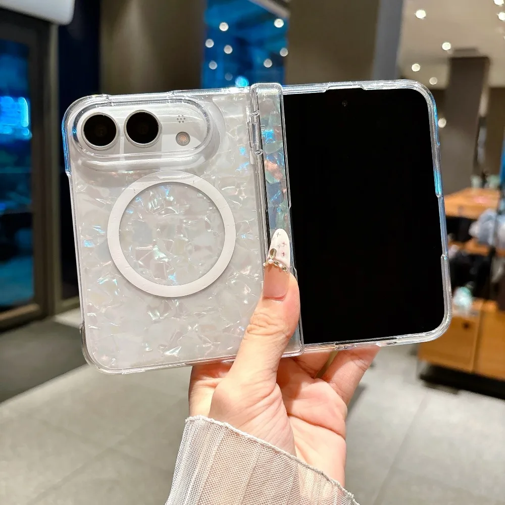 Iridescent Mother‑of‑Pearl Texture Magnetic Phone Case for IPhone Duo Fold Shockproof Crystal‑Clear Full Hinge Protect Cover