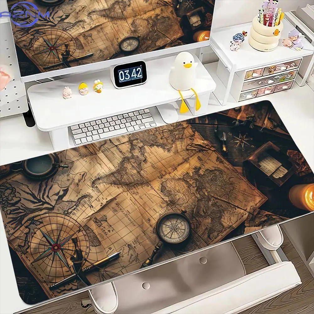 Rubber Anti‑Slip Extended Keyboard Mousepad, Vintage Nautical Compass Print Long Desk Pad for Gaming & Office