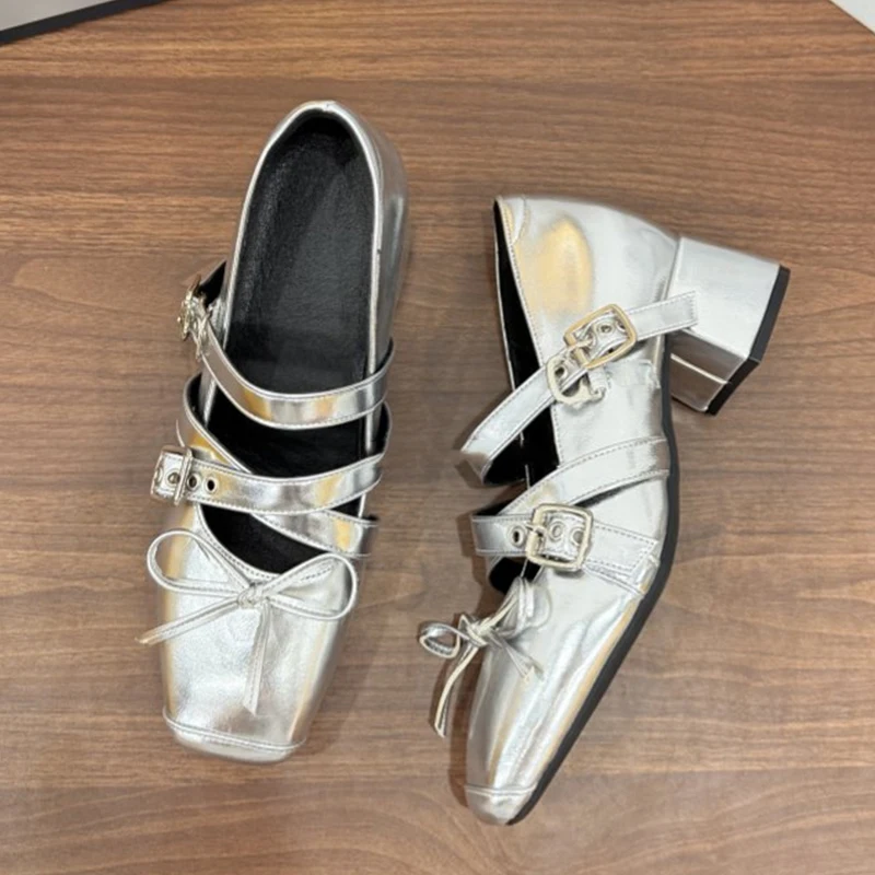 

Bow Women Square Toe Mary Jane Shoes High Heels Lolita Leather Shoes Autumn 2025 New Chunky Elegant Dress Shoes Buckle Zapatos