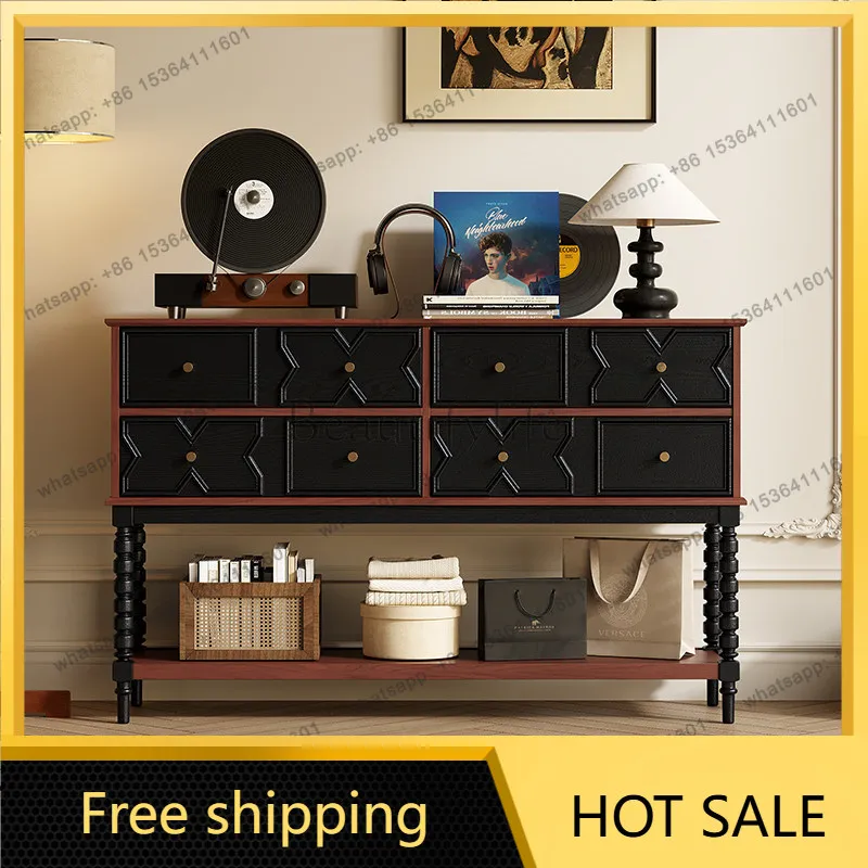 FG medieval French retro pure solid wood porch cabinet, living room partition cabinet against the wall storage table