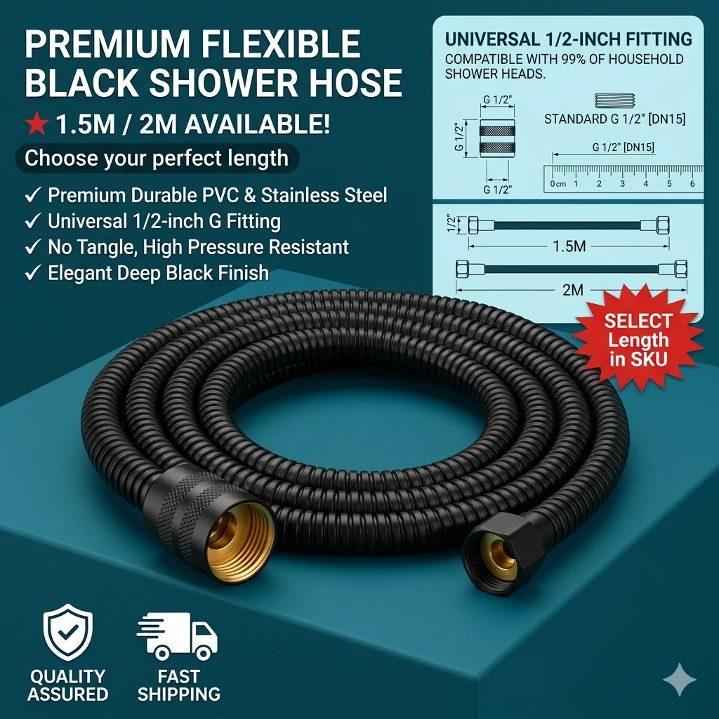 Black Stainless Steel Shower Hose 1.5m 2m High Density Burst Proof Heat Resistant Universal 1/2 Inch Brass Connectors Leak Proof