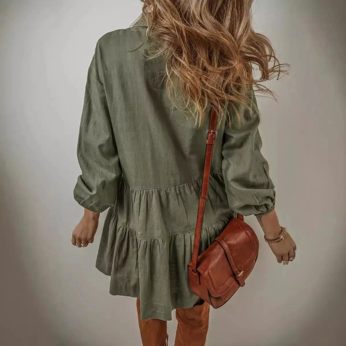 2024 New Fashion Women Mini Dress Casual Loose Button Long Sleeve Ruffles Patchwork Dress Elegant Autumn Solid Short Dresses