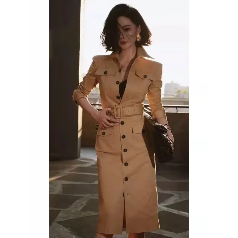 فستان بولو RAIN YAN LIN بقصة ضيقة بلون سادة وأكمام طويلة على الطراز البريطاني للنساء، فستان أنيق للتنقل في الربيع