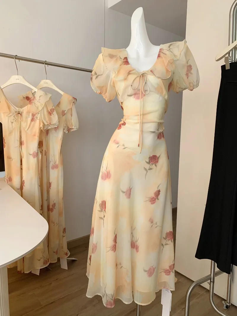 

Sweet Hot Girl Flying Sleeve Dress for Women's Summer V-neck Lace-up Slim Fit A-line Long Dress Fashion Female Clothes