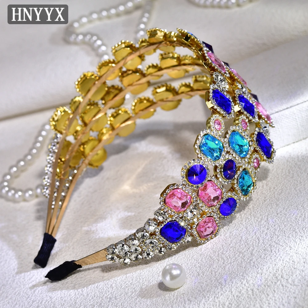 HNYYX Colorful Rhinestone Hair Accessories Luxury Bridal Headband Women's Party Hairband Wedding Crystal Bridesmaid Jewelry A240