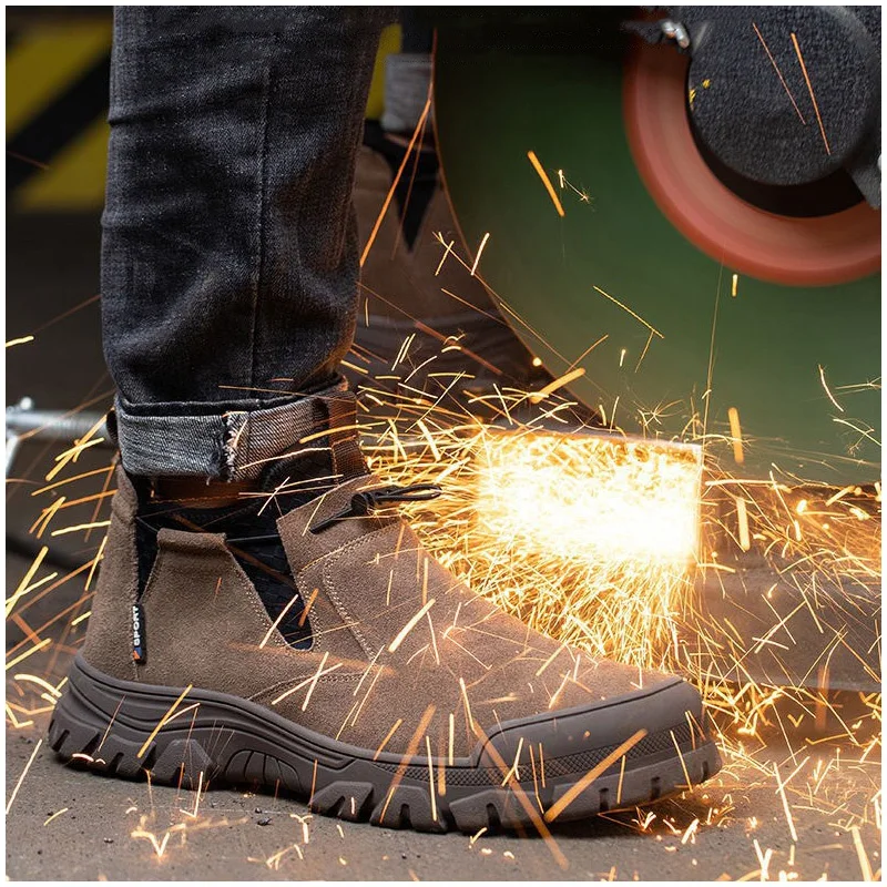 

Мужские повседневные стальные носки, рабочие ботинки, коричневые сварочные туфли, защитные кроссовки из коровьей замши, рабочие ботильоны, мужские