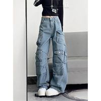 Women's Multi-pocket Design Retro Wide Leg Jeans Hip-hop Casual Street Bottoms Denim Pants Female High Waist Fashion Trousers