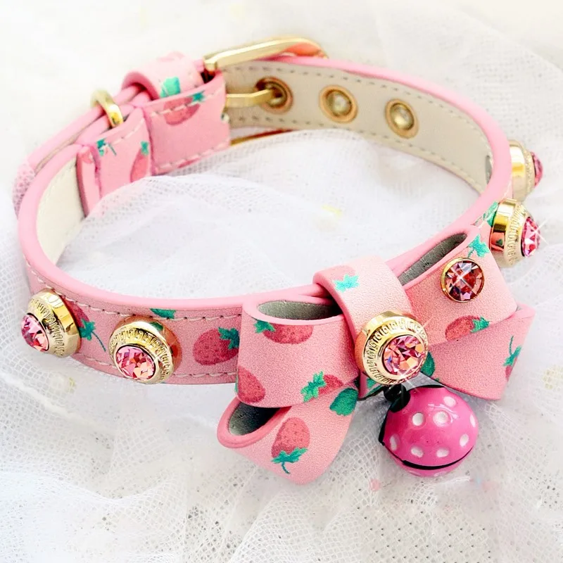 Dog Collar Leash Sets Cat Pet Accessories Handmade Senior Real Calfskin Rhinestone Buckle Pink Strawberry Accept Customize Size