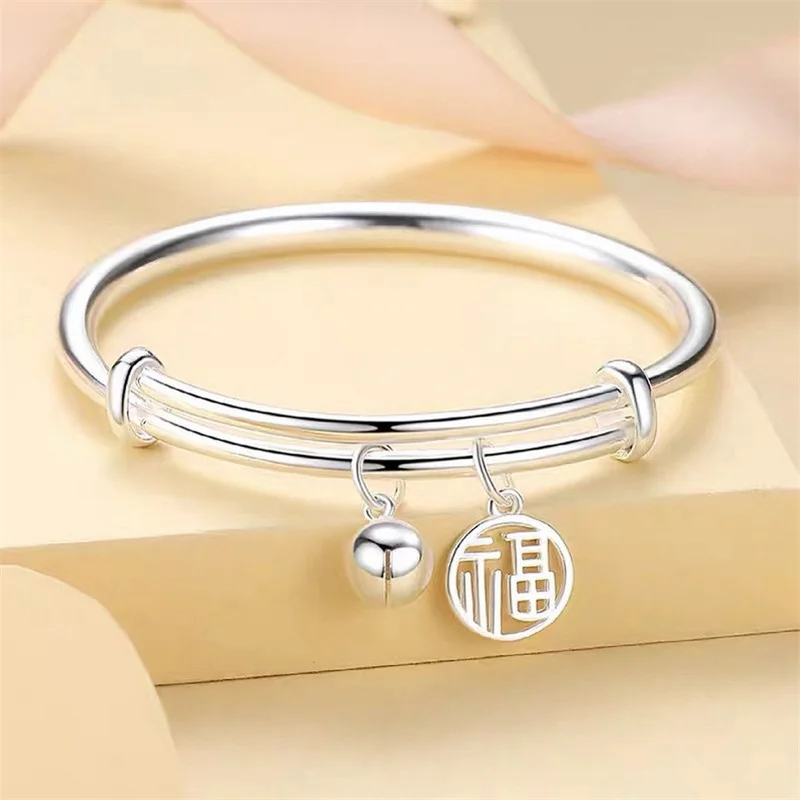 999 Sterling Silver Push Pull Adjustable Bangle for Women Smooth Polished Tube with Fu Character Round Tag & Bell Charm Vintage