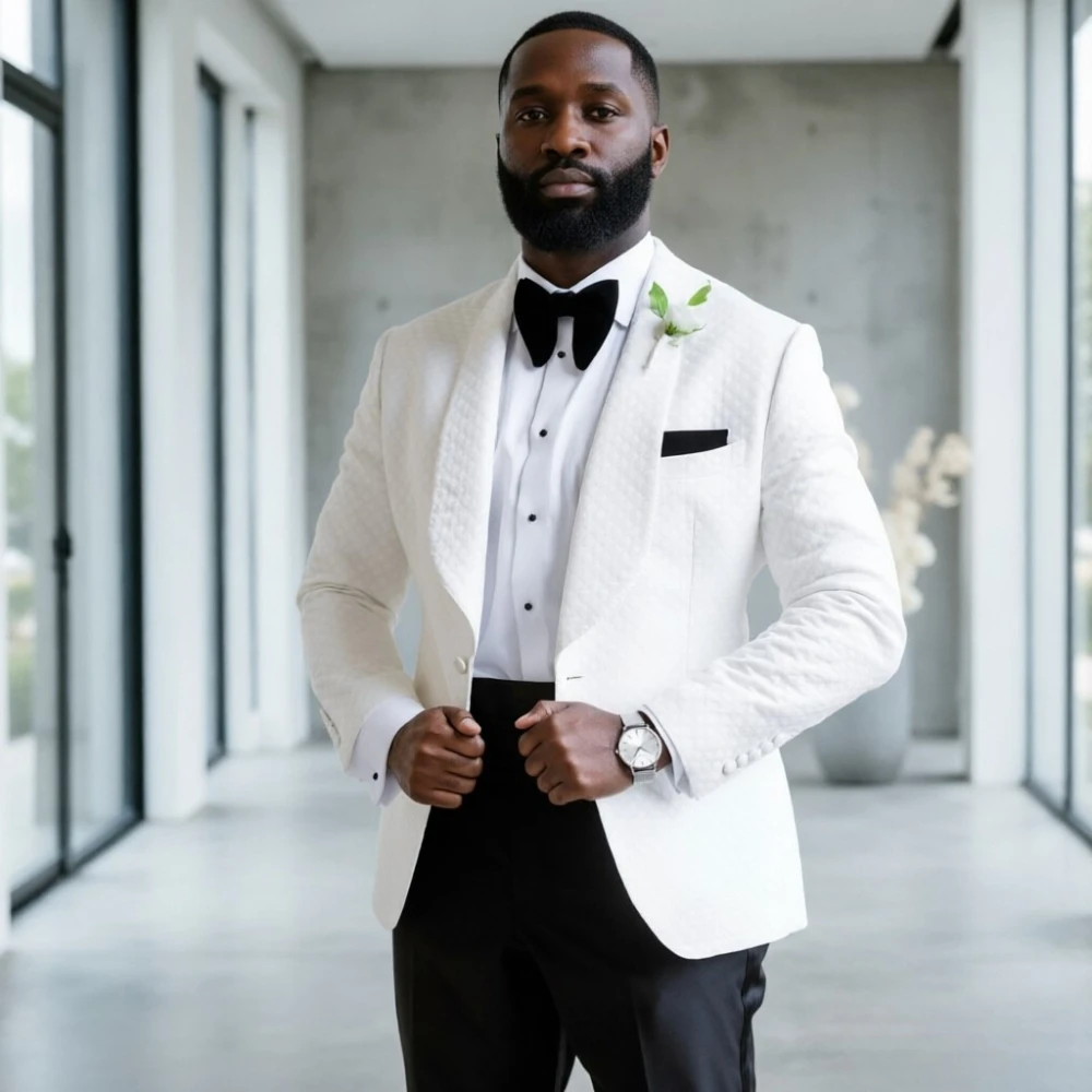 Plaid Wedding Suits For Groom Men Luxury White Textured Plaid Groom Suit Slim Fit Formal Wedding Tuxedo for Wedding Prom