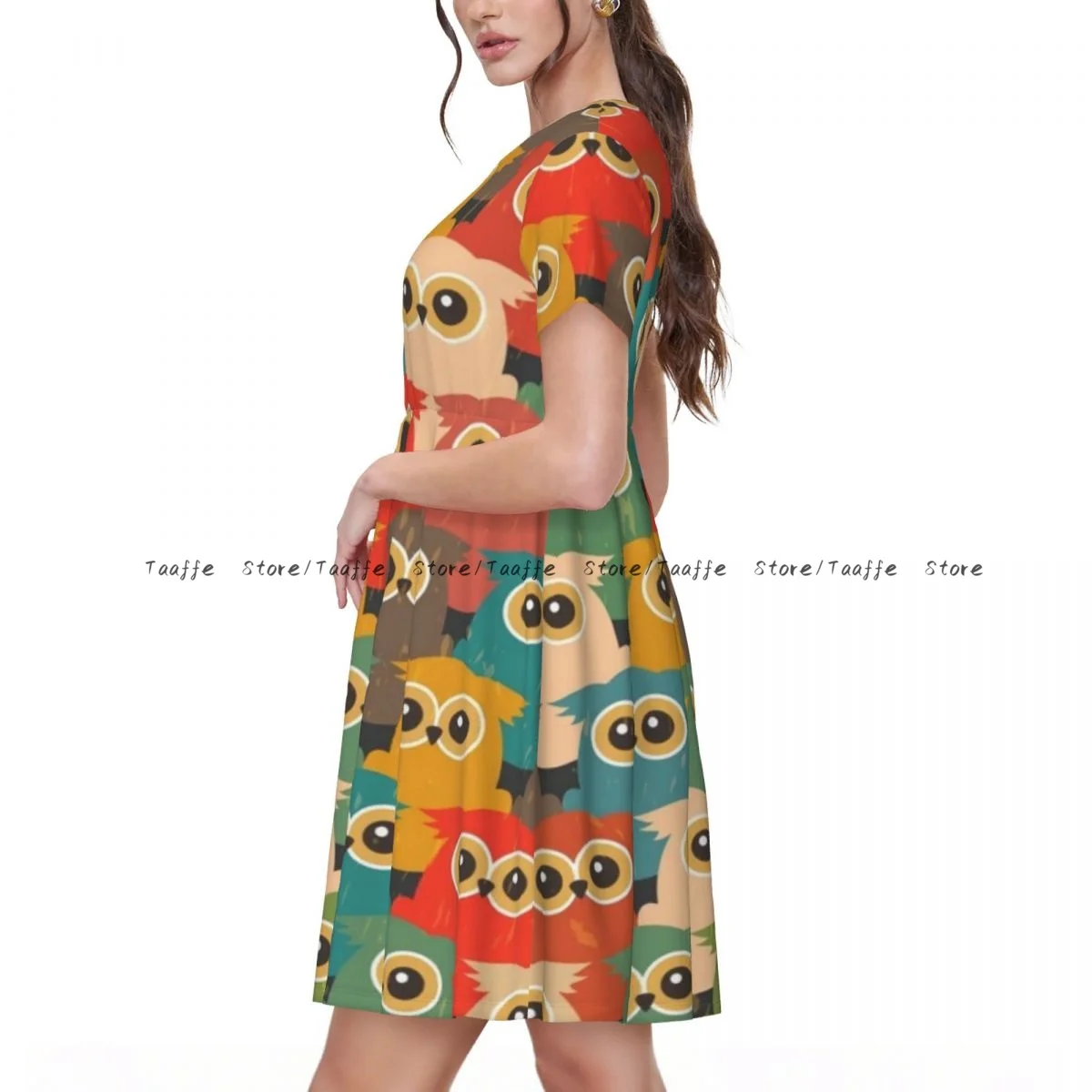 Women Dress Cute Owl Pattern Summer Elegant O Neck Short Sleeve Female Casual Loose Long Dress