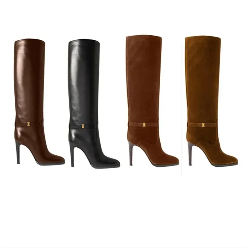 

Ladies' autumn andwinter high-heeled cowhide knee high sleeve boots,European and American retro British style straight leg boots