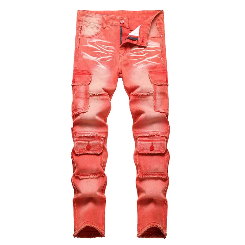 

Mcikkny Men Hip Hop Vintage Biker Jeans Pants Multi Pockets Solid Color Denim Trousers Patchwork