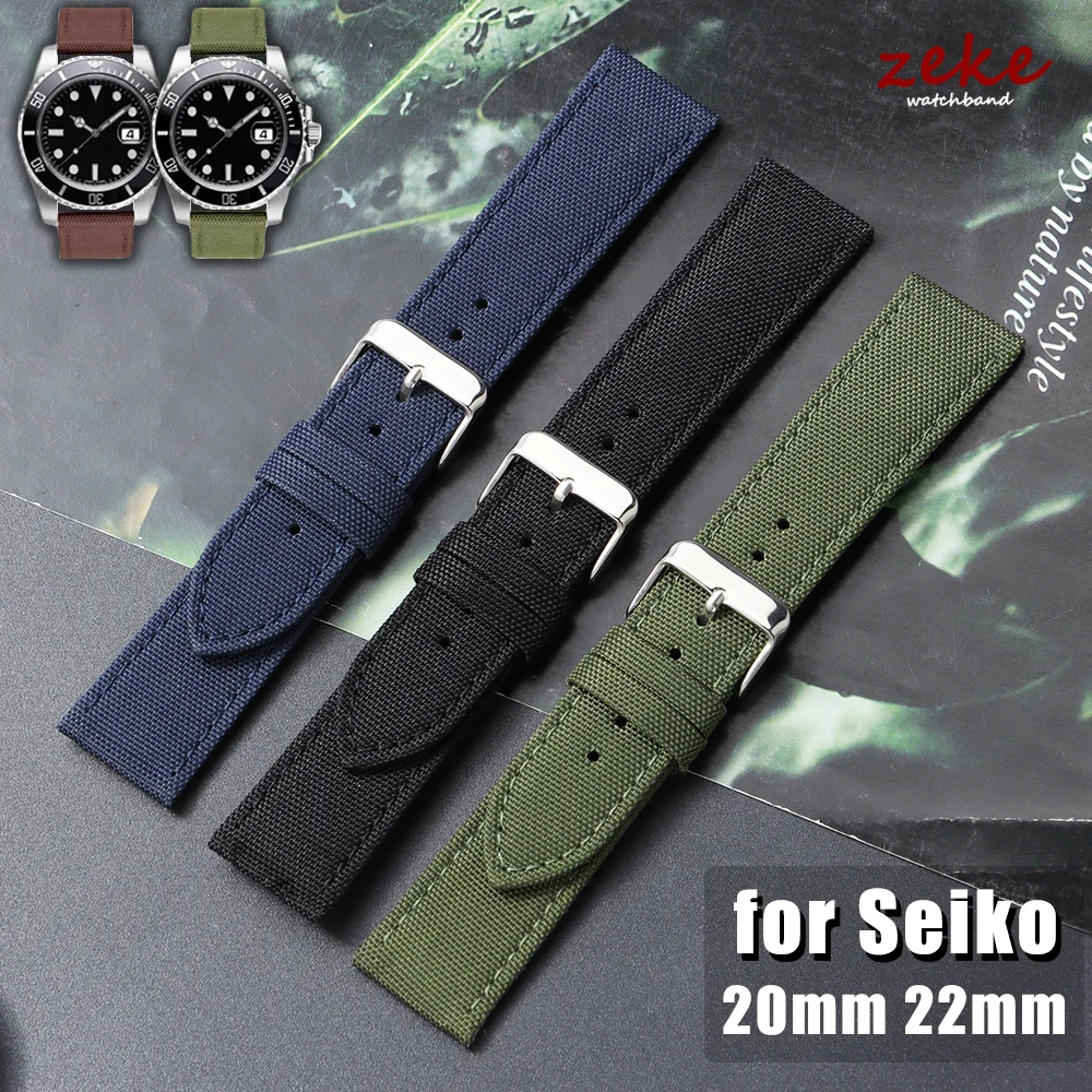 Hochwertiges Nylon-Canvas-Uhrenarmband, 20 mm, 22 mm, für Seiko, wasserdichtes Echtleder-Armband für Herren, ArmyGreen-Smartwatch-Armband
