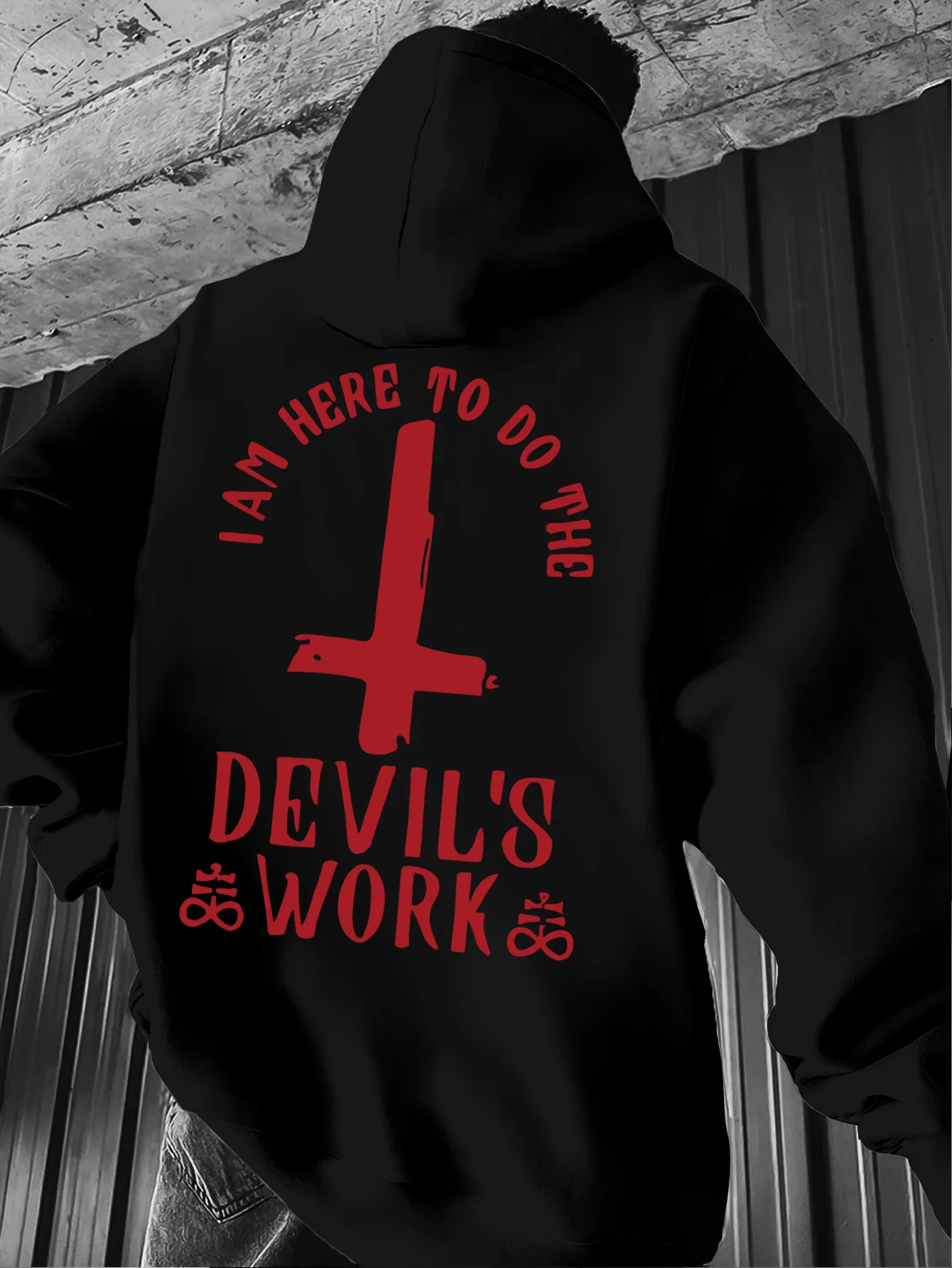 Men's Occult Devil Hoodie Hip Hop Sports Streetwear Satanic Cross Devil's Work Art Print Casual Loose Pullover Sweatshirt Tops