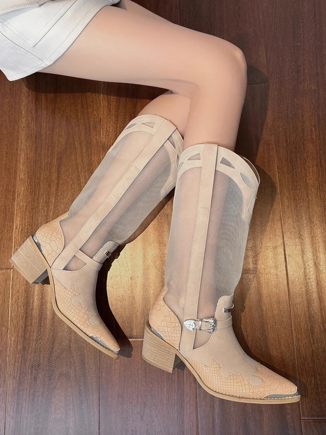 

Pointed Toe Chunky Heel Mesh Boots Retro Summer Slip On Shoes Fashion Metal Toe Patchwork Booty V-Cut Knee High Boots