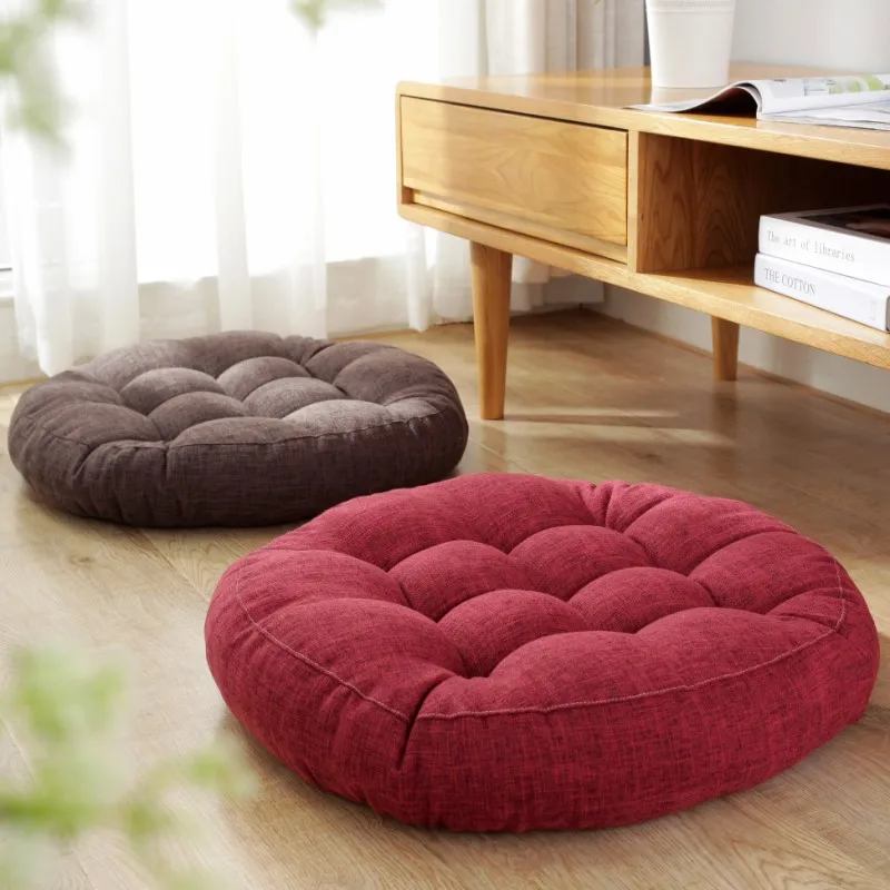 Inyahome Floor Pillows Sitting Solid Round Linen Meditation Pillow Thick Tufted Floor Cushions Pads for Chair Balcony Seating