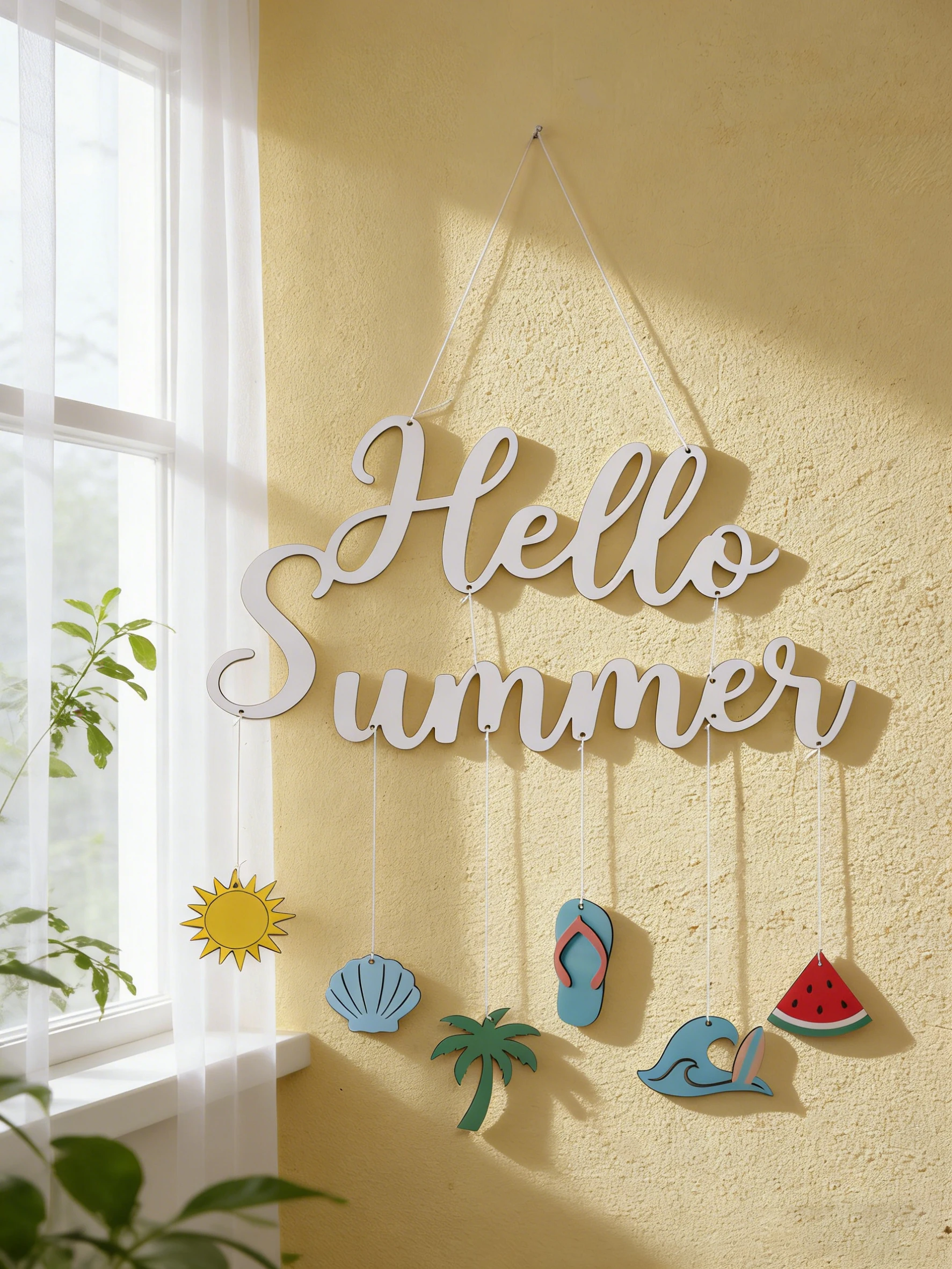 Hello Summer Wall Sign Beach Themed Hanging Ornament with Sun Shell Palm Tree, Summer Home Wall Art for Coastal Home Party Decor