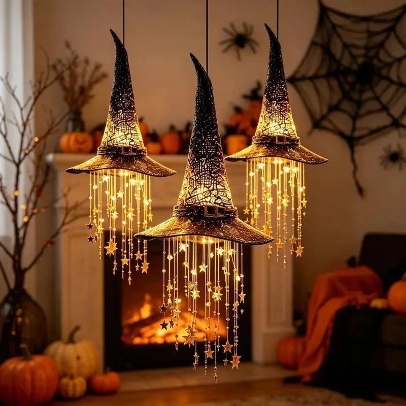 Halloween Witch Hat Hanging Decor Light Hollow-Work Warm Glow, Cascading Star Tassels, Wind Chime Effect, Halloween Party Decor
