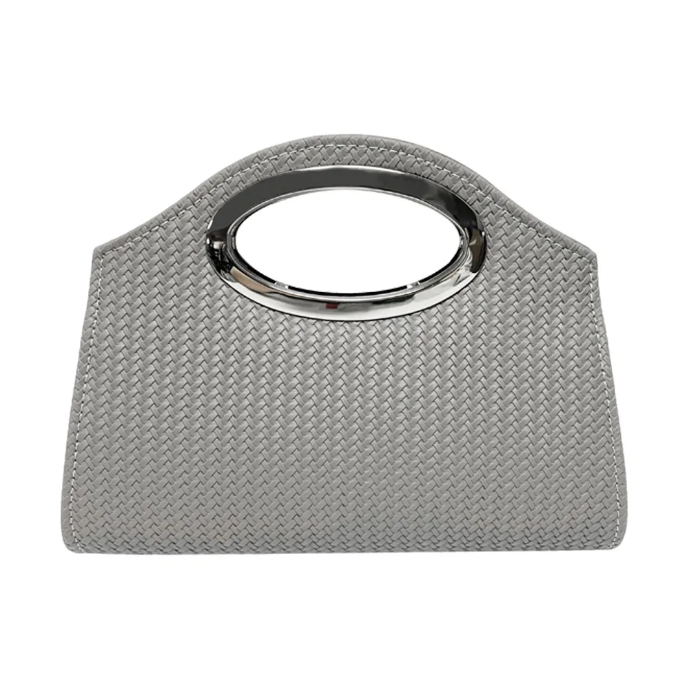 Light Gray Woven Leather Round Metal Ring Top Handle Clutch Women Soft Elegant Evening Handbag For Daily Cocktail Formal Party