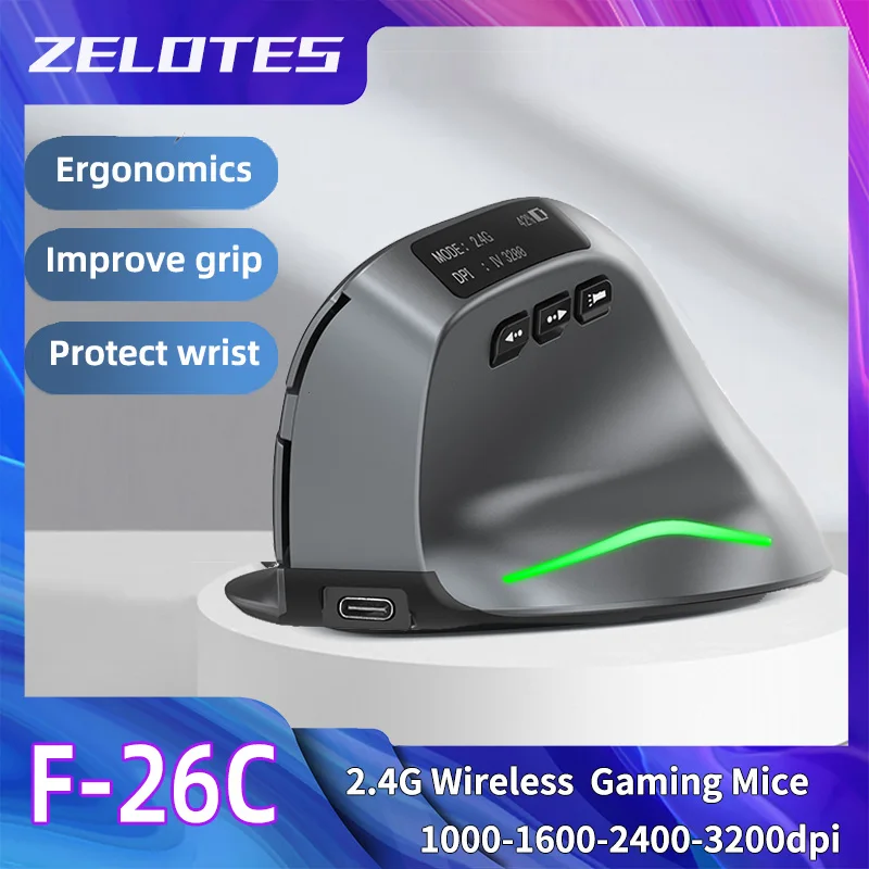 Zelotes F-26C Computer Laptop Office Mouse 2.4G Wireless Gaming Mouse Bluetooth Mouse DPI Adjustable LED Display Screen