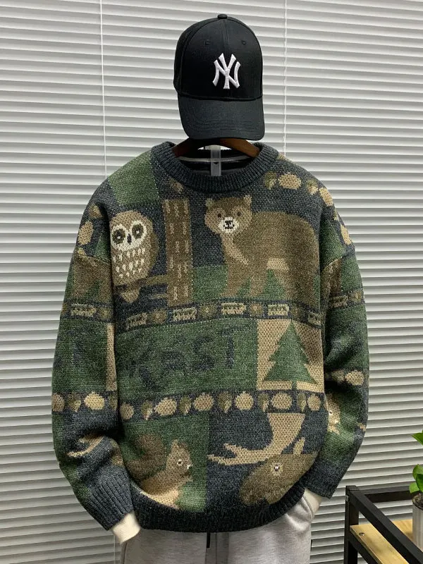 

Мужской свитер с ретро-мультяшным принтом, круглый вырез, свободный крой, вязаный, зимний, модный, повседневный, с длинными рукавами, теплый, для повседневной носки