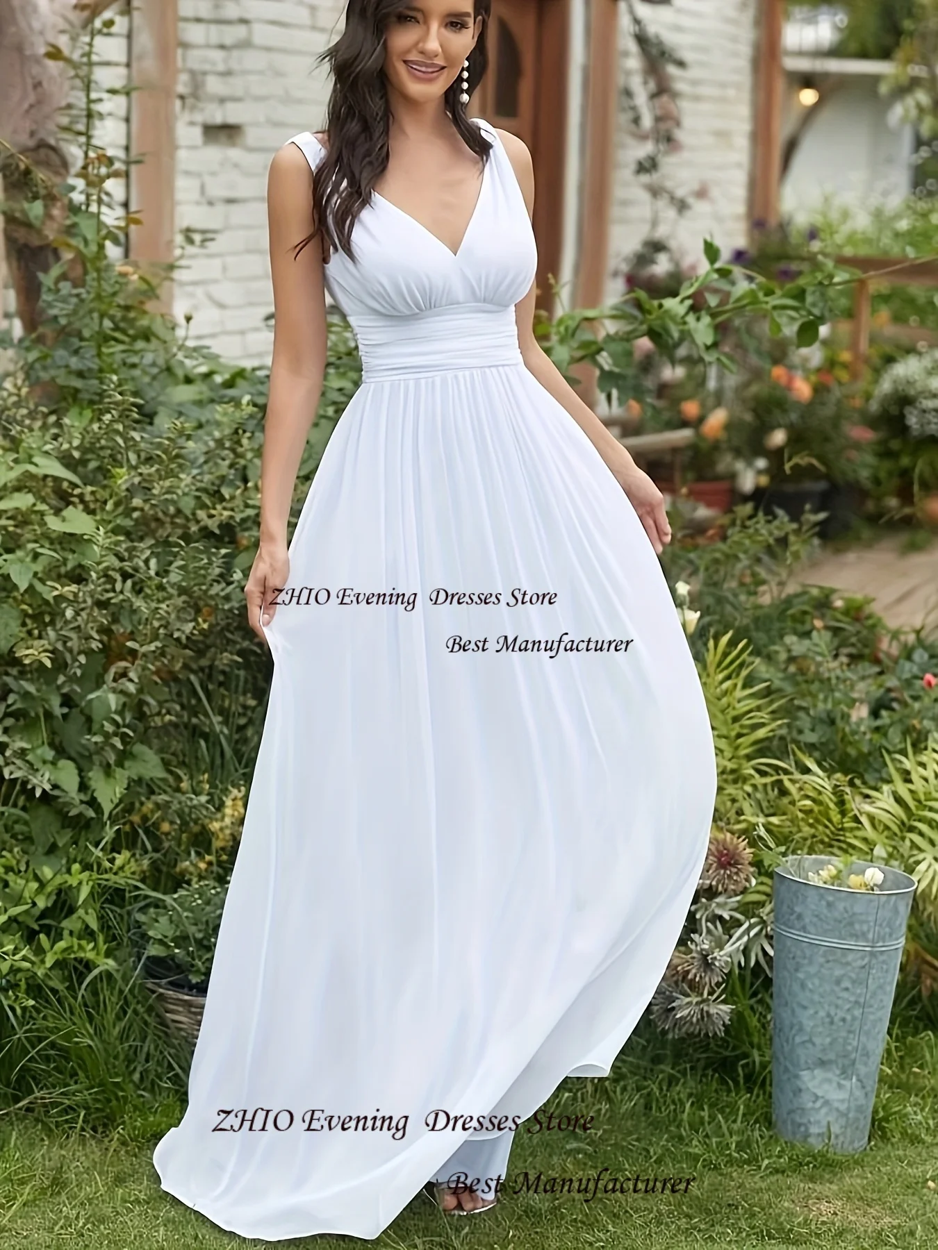 ZHIO-vestido de fiesta sencillo de tul con cuello en V, línea A, personalizado, con tirantes finos, plisado, con cremallera en la espalda, sin mangas, largo hasta el suelo