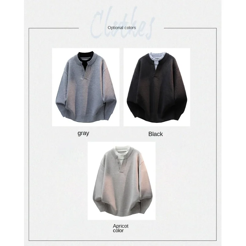 Herren-Strickpullover im Old-Money-Stil mit Henley-Kragen, locker geschnitten, Oversize, Plus Size, lässige Strickware, Oberbekleidung für den Alltag – Detail 7