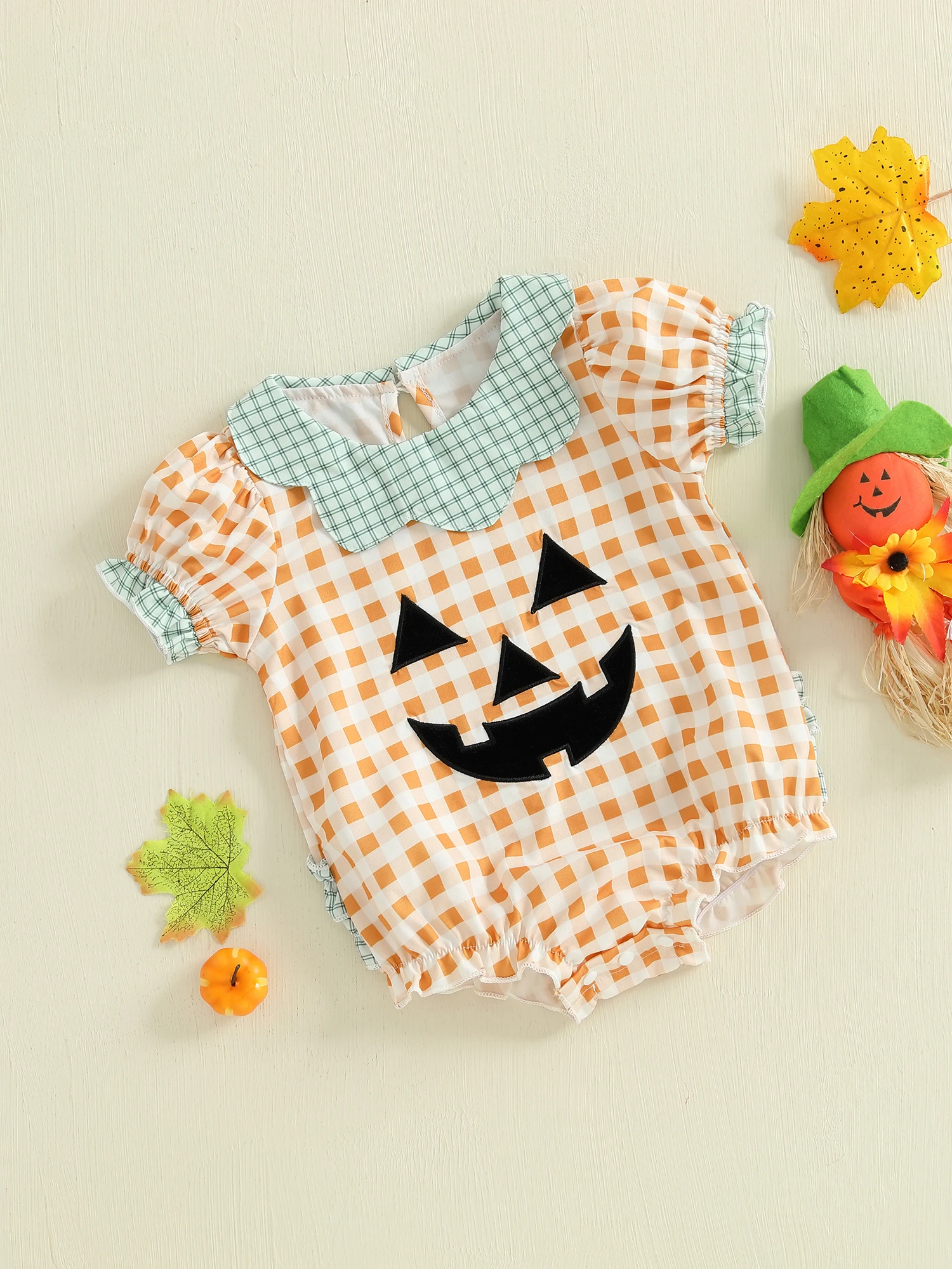 

Toddler Boy Ghost Print Romper Halloween Short Sleeve Round Neck Striped Jumpsuit with Pumpkin Face Detail