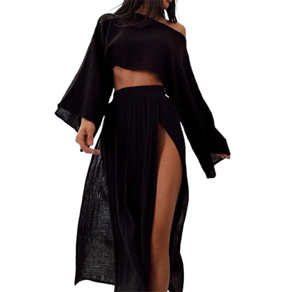 Women Crop Top Skirt Set Women\'s Long Sleeve Crop Top Split Skirt Set for Vacation Beach High Waist Solid Color Bikini for Club