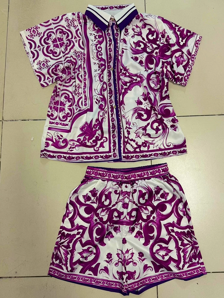 

Однобортная рубашка с короткими рукавами в стиле ретро, новый летний костюм-двойка + широкие шорты с эластичной резинкой на талии, повседневный женский костюм с принтом