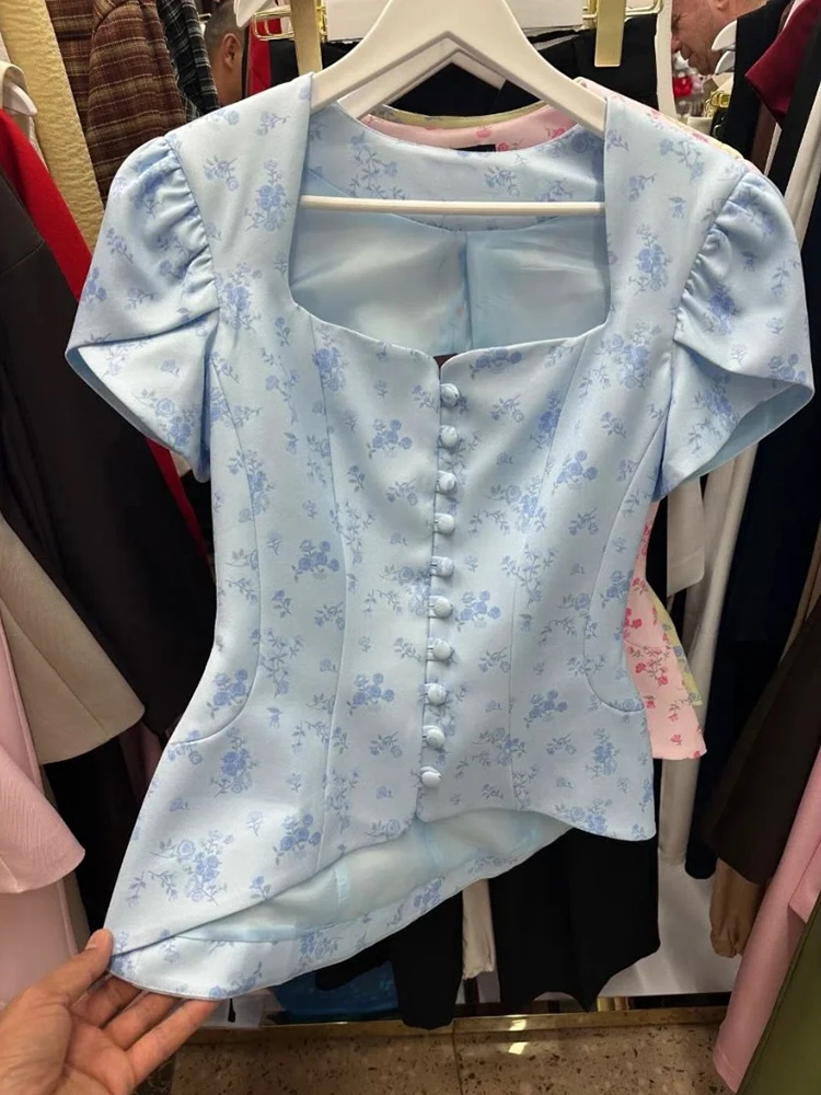 Bedruckte Kurzarm-Dünnmäntel für Damen Süßer Quadratischer Ausschnitt Puffärmel Tailliert Einreihig Schlanke Oberteile Neue Damen-Partykleidung – Detail 16