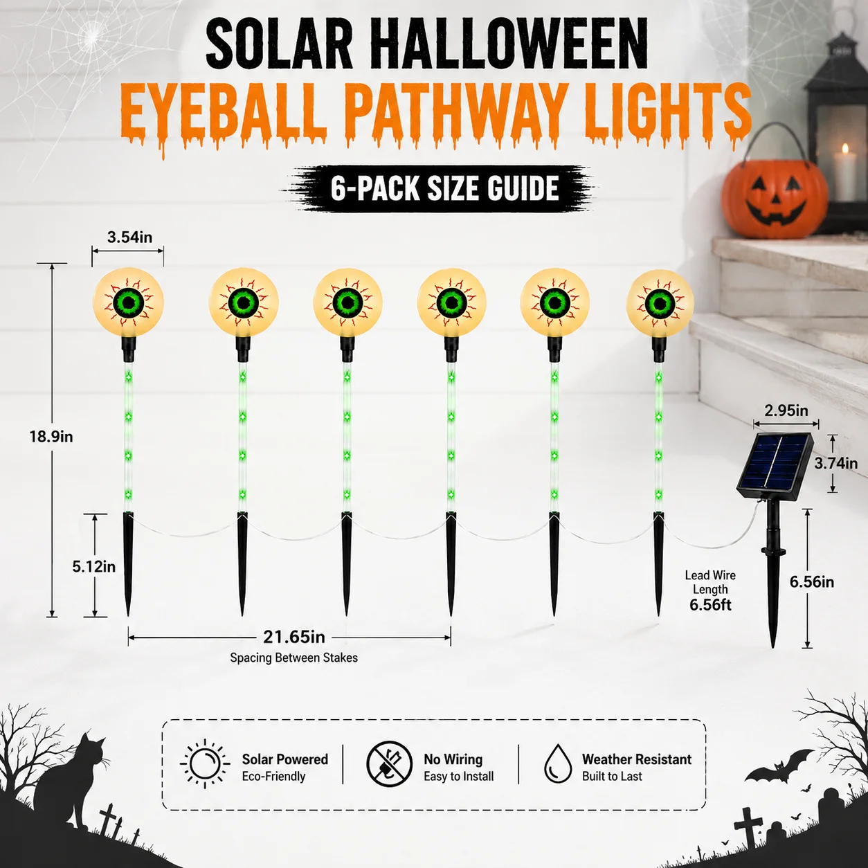 6Pack Halloween Eyeball Lights Solar Garden Decor Outdoor Solar Halloween Eyeball Lights with Glowing Eyes, IP65 Waterproof Design for Outdoor Yard, Garden, Pathway and Party Decor.